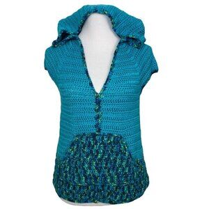 Handmade Women's New Blue Crochet Hooded‎ Cap Sleeve Sweater S/C35